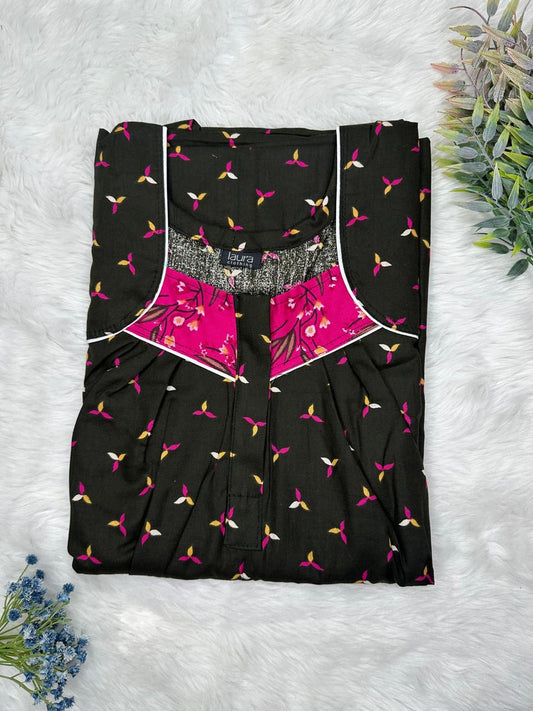Seal Brown Printed Square Neck No Zip Pleated Pure Cotton Nighty Free Size Short Sleeve (Suits for bra size 34″- 40″ | 54-56 inch length)