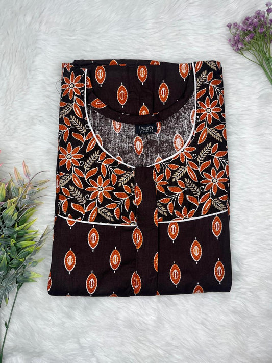 Sinopia and Onyx Printed Round Neck Pleated Pure Cotton Feeding Nighty With Two Side Vertical Zip and Single Centre Zip Free Size Short Sleeve (Suits for bra size 34″- 40″ | 54-56 inch length)