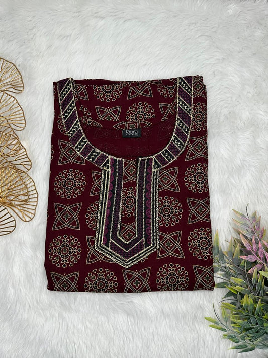 Seal Brown Printed Normal Zip Embroidery Neck Pure Cotton Maternity Nighty Plus Size Short Sleeve (Suits for bra size 40″- 46″ | 54-56 inch length)