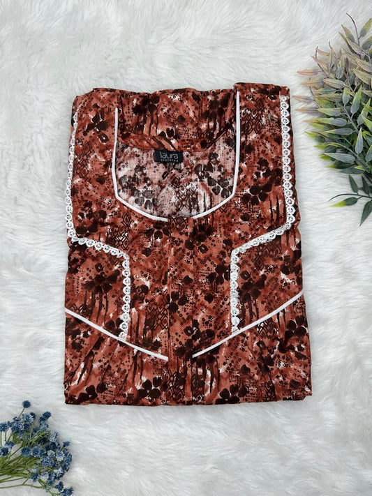 Falu Red Printed Square Neck Centre Long 12" Zip Pure Cotton Feeding Nighty Free Size Short Sleeve (Suits for bra size 34″- 40″ | 54-56 inch length)