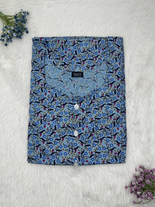 Rackley Printed Round Neck Pure Cotton Full Open Button Labour Room Nighty Free Size Short Sleeve (Suits for bra size 34″- 40″ | 54-56 inch length)