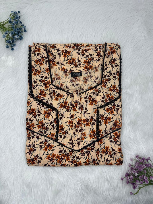 Champagne Printed Square Neck Normal Zip Pure Cotton Nighty Free Size Short Sleeve (Suits for bra size 34″- 40″ | 54-56 inch length)