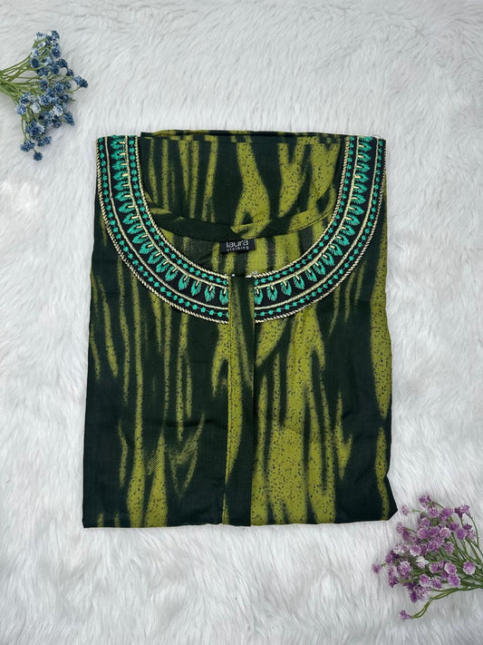 Dark Jungle Green and Heart Gold Green Printed 12" Long Zip Matching Embroidery Neck Pure Cotton Feeding Nighty Plus Size Short Sleeve (Suits for bra size 40″- 46″ | 54"-56" inch length)