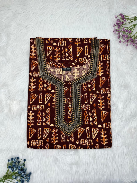 Seal Brown Normal Zip Embroidery Neck Pure Cotton Nighty Plus Size Short Sleeve (Suits for bra size 40″- 46″ | 54-56 inch length)