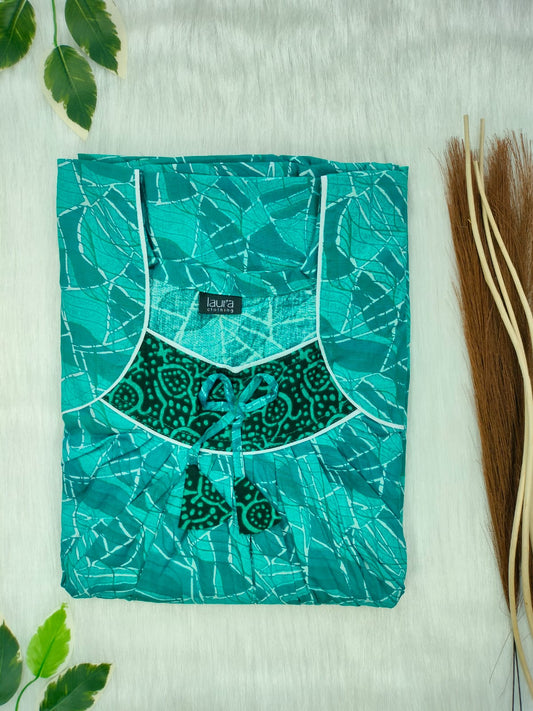 Light Sea Green Printed Square Neck No Zip Pleated Pure Cotton Nighty Free Size Short Sleeve (Suits for bra size 34″- 40″ | 54-56 inch length)