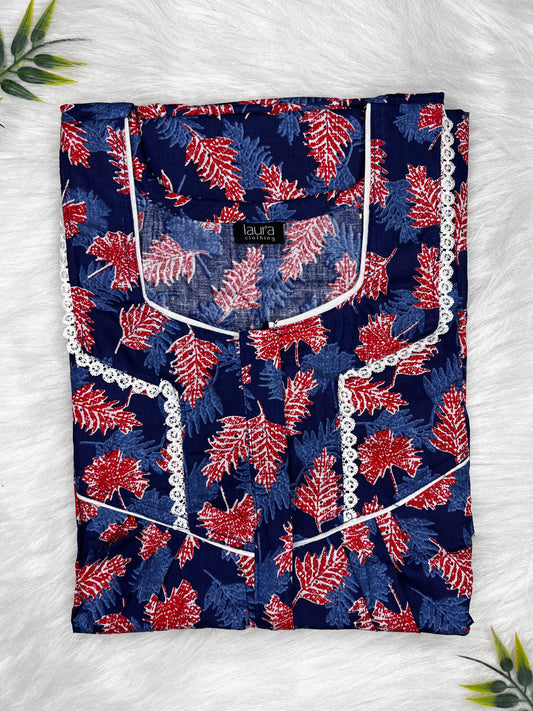 Vivid Auburn Leaf Printed Mix and Match Square Neck Centre Long 12" Zip Pure Cotton Feeding Nighty Free Size Short Sleeve (Suits for bra size 34″- 40″ | 54-56 inch length)