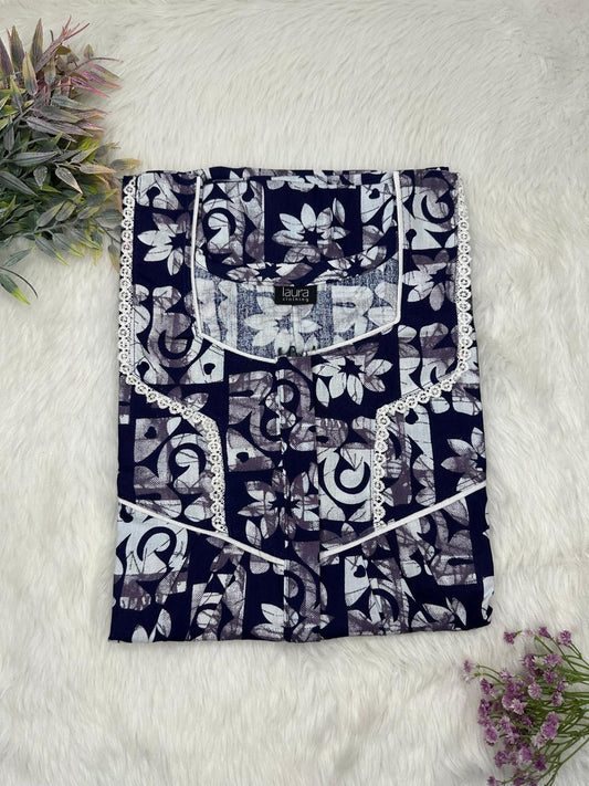 Purple Taupe Printed Square Neck Centre Long 12" Zip Pure Cotton Feeding Nighty Free Size Short Sleeve (Suits for bra size 34″- 40″ | 54-56 inch length)