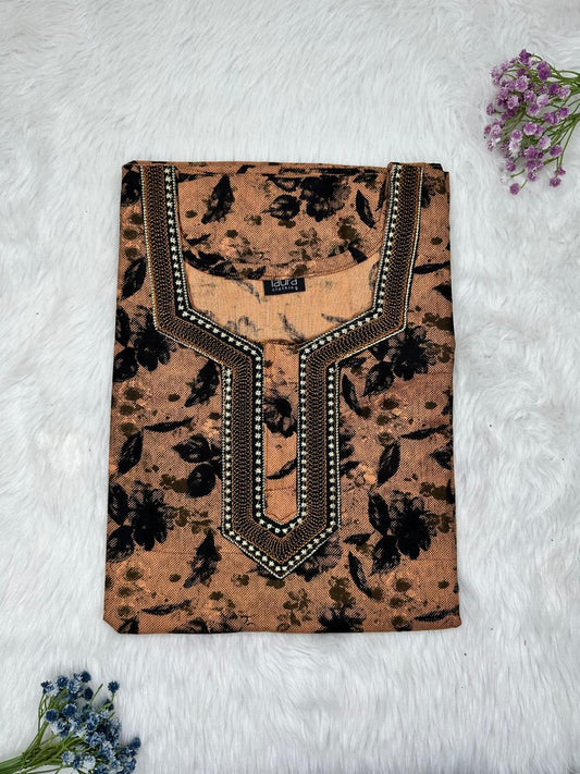 Pastel Brown Normal Zip Embroidery Neck Pure Cotton Nighty Plus Size Short Sleeve (Suits for bra size 40″- 46″ | 54-56 inch length)