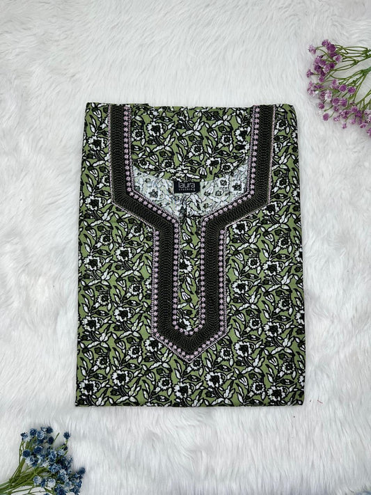 Camouflage Green Printed Normal Zip Embroidery Neck Pure Cotton Nighty Plus Size Short Sleeve (Suits for bra size 40″- 46″ | 54-56 inch length)