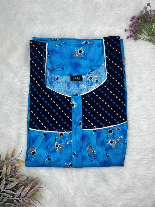Onyx and Tufts Blue Printed Mix N Match Square Neck Pleated Cotton Nighty With Centre -8″ Zip Short Sleeve Free Size (Suits for bra size 34″- 40″ | 54-56 inch length)