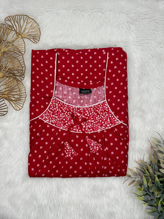 UP Maroon Floral Printed Square Neck No Zip Pleated Pure Cotton Nighty Free Size Short Sleeve (Suits for bra size 34″- 40″ | 54-56 inch length)