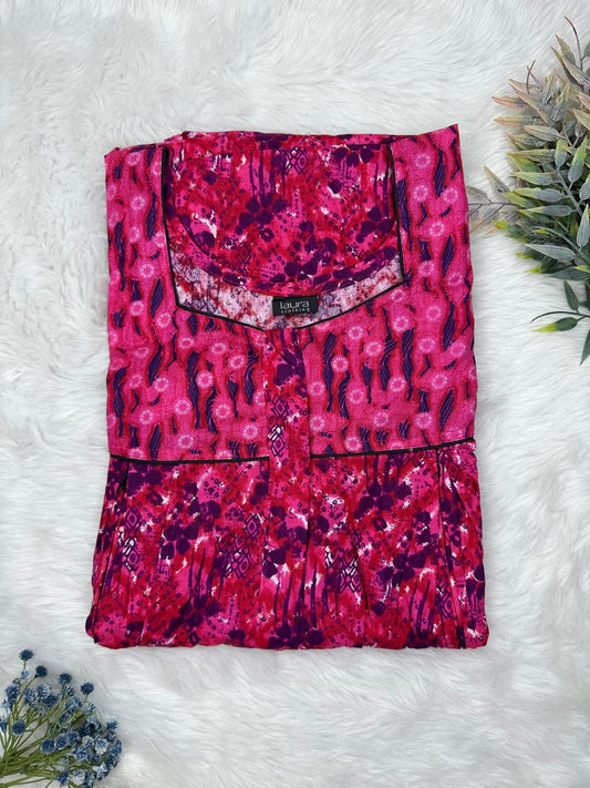 Vivid Burgundy Dots Printed Square Neck Pleated Pure Cotton Feeding Nighty With Two Side Vertical Zip and Single Centre Zip Free Size Short Sleeve (Suits for bra size 34″- 40″ | 54-56 inch length)