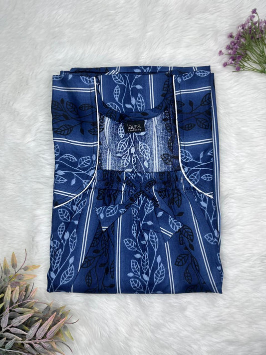 Dark Cerulean Floral Printed Pure Cotton Square Neck Elastic Pleated Nighty Free Size Short Sleeve (Suits for bra size 34″- 40″ | 54-56 inch length)