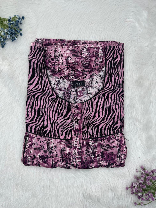 Old Mauve Printed Round Neck Pleated Pure Cotton Feeding Nighty With Two Side Vertical Zip and Single Centre Zip Free Size Short Sleeve (Suits for bra size 34″- 40″ | 54-56 inch length)