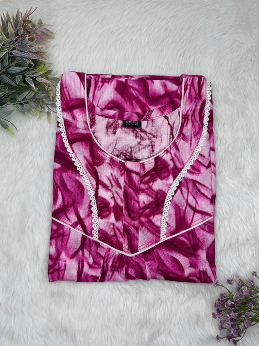 Pansy Purple and Pink Pearl Printed Round Neck Normal Zip Pure Cotton Nighty Free Size Short Sleeve (Suits for bra size 34″- 40″ | 54-56 inch length)