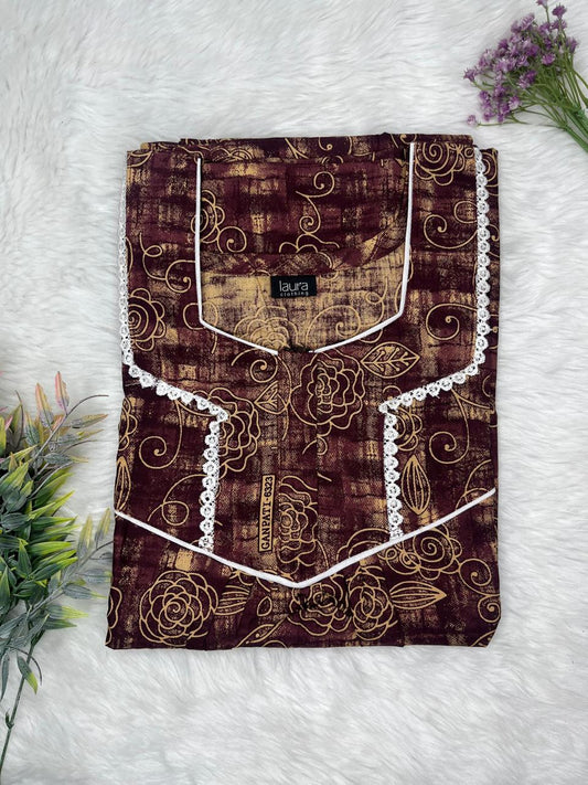 Seal Brown Printed Square Neck Normal Zip Pure Cotton Nighty Free Size Short Sleeve (Suits for bra size 34″- 40″ | 54-56 inch length)