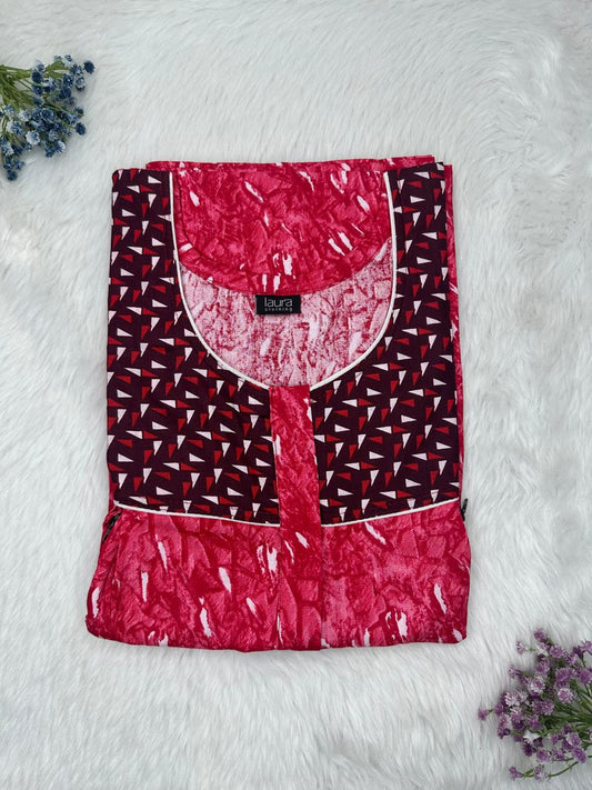 Debian Red Printed Round Neck Pleated Pure Cotton Feeding Nighty With Two Side Vertical Zip and Single Centre Zip Free Size Short Sleeve (Suits for bra size 34″- 40″ | 54-56 inch length)