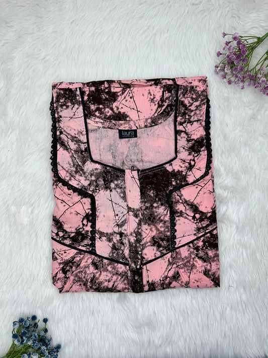 Pale Chestnut Printed Square Neck Centre Long 12" Zip Pure Cotton Feeding Nighty Free Size Short Sleeve (Suits for bra size 34″- 40″ | 54-56 inch length)