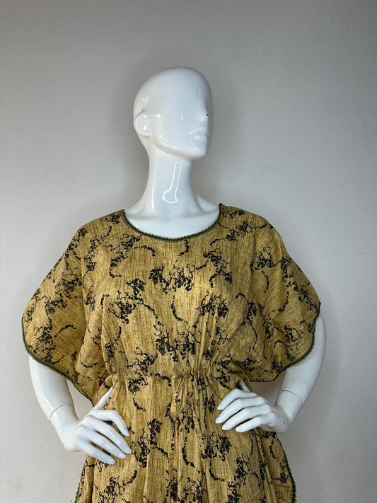 Ecru and Onyx printed Pure Cotton V-Neck Kaftan With Matching Border Lace And Adjustable Tie Free Size (Suits for bra size 34″- 40″) | 54-56 Inch Length