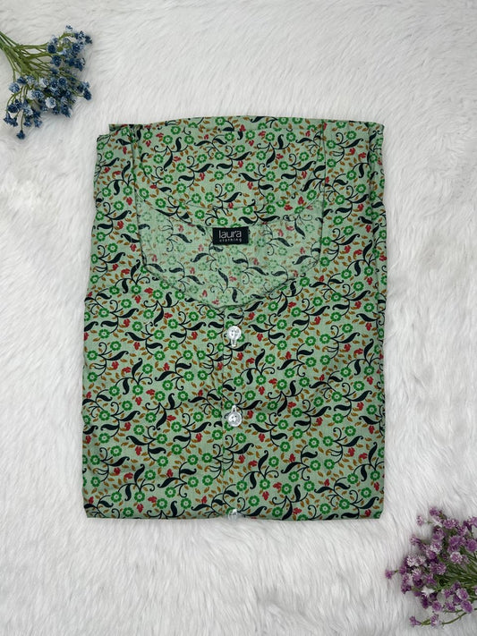 Laurel Green Printed Round Neck Pure Cotton Full Open Button Labour Room Nighty Free Size Short Sleeve (Suits for bra size 34″- 40″ | 54-56 inch length)