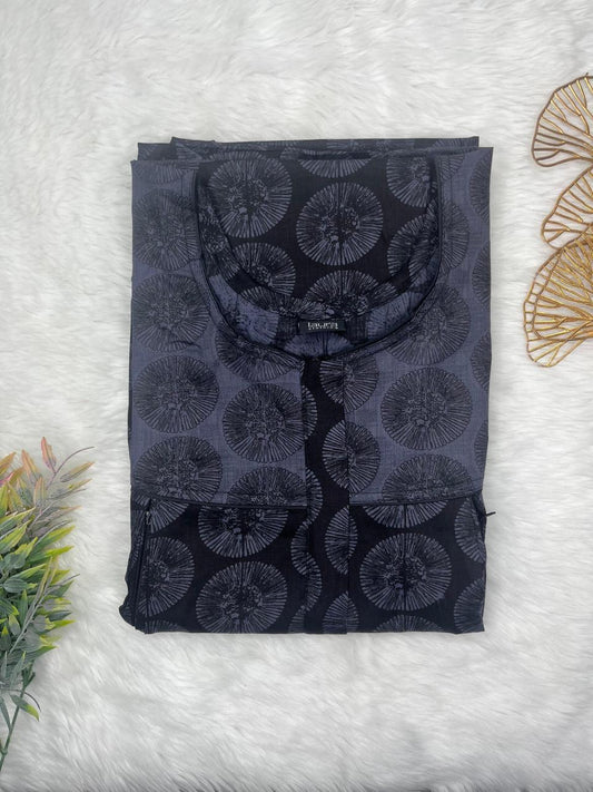 Davy grey and Onyx Printed Round Neck Pleated Pure Cotton Feeding Nighty With Two Side Vertical Zip and Single Centre Zip Free Size Short Sleeve (Suits for bra size 34″- 40″ | 54-56 inch length)