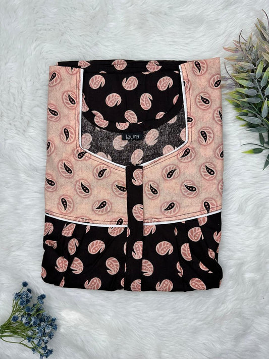 Beaver and Onyx Printed Mix N Match Square Neck Pleated Cotton Nighty With Centre -8″ Zip Short Sleeve Free Size (Suits for bra size 34″- 40″ | 54-56 inch length )