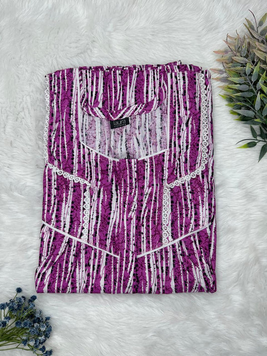 Dark Magenta Printed Square Neck Centre Long 12" Zip Pure Cotton Feeding Nighty Free Size Short Sleeve (Suits for bra size 34″- 40″ | 54-56 inch length)
