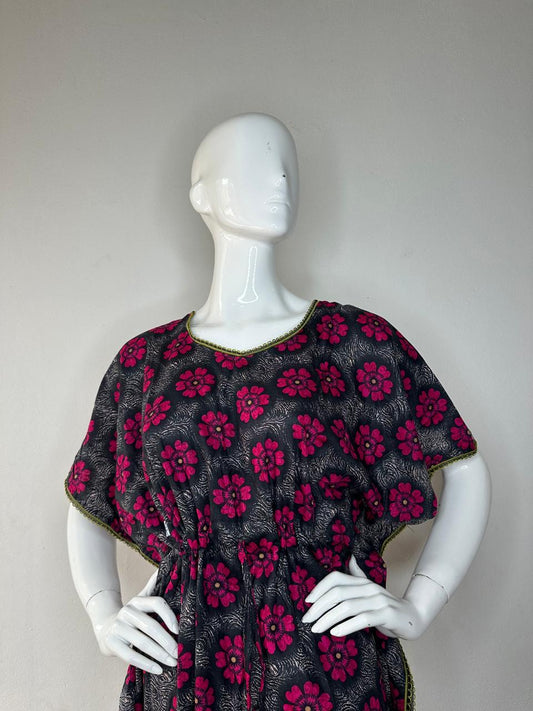 Charcoal and Dogwood Rose printed Pure Cotton V-Neck Kaftan With Matching Border Lace And Adjustable Tie Free Size (Suits for bra size 34″- 40″) | 54-56 Inch Length