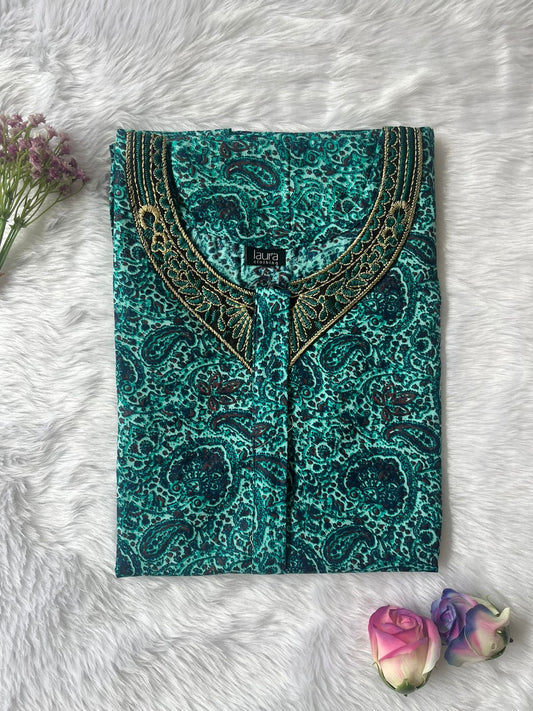 Pine Green Printed Normal Zip Pure Cotton Matching Neck Embroidery Nighty Free Size Short Sleeve (Suits for bra size 34″- 40″ | 54-56 inch length)