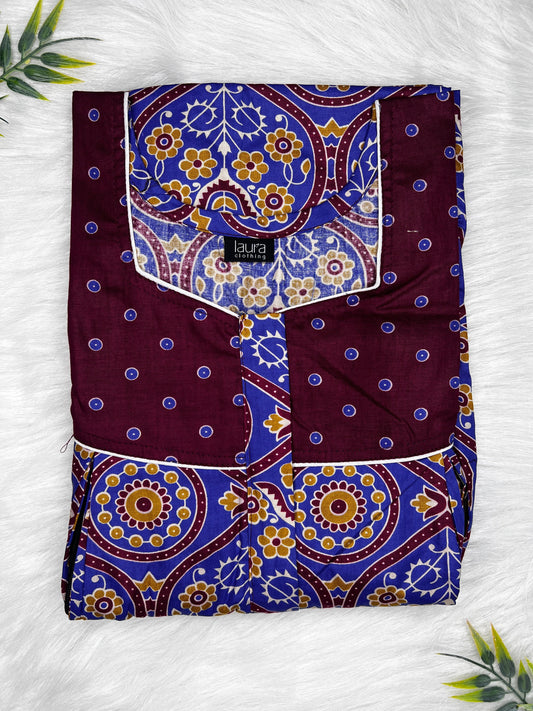 Egyptian Blue Dot Printed Square Neck Pleated Pure Cotton Feeding Nighty With Two Side Vertical Zip and Single Centre Zip Free Size Short Sleeve (Suits for bra size 34″- 40″ | 54-56 inch length)