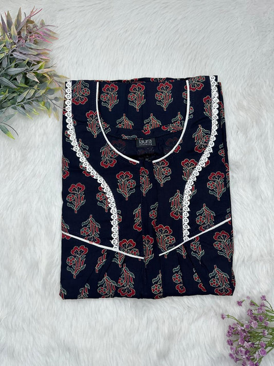 Dark Blue Printed Round Neck Centre Long 12" Zip Pure Cotton Feeding Nighty Free Size Short Sleeve (Suits for bra size 34″- 40″ | 54-56 inch length)