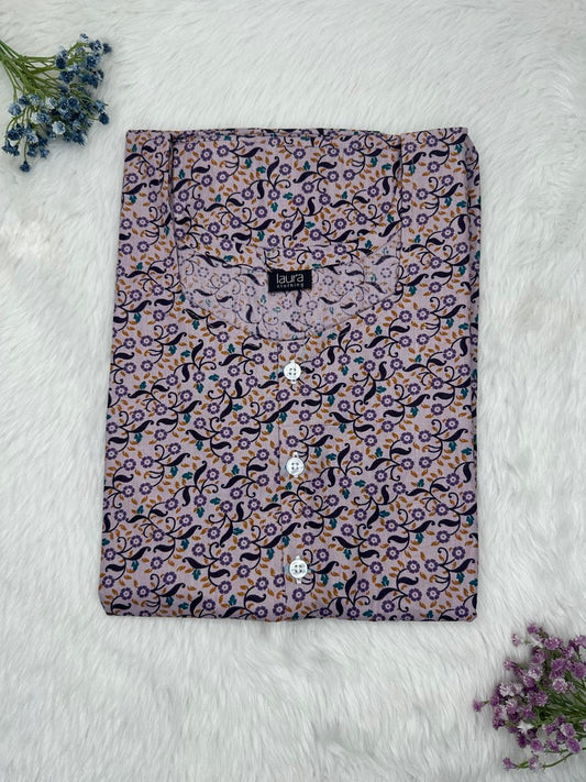 Rose Quartz Printed Round Neck Pure Cotton Full Open Button Labour Room Nighty Free Size Short Sleeve (Suits for bra size 34″- 40″ | 54-56 inch length)