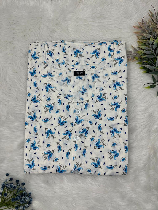 Gainsboro and Prussian Blue Printed Round Neck Pure Cotton Full Open Button Labour Room Nighty Free Size Short Sleeve (Suits for bra size 34″- 40″ | 54-56 inch length)