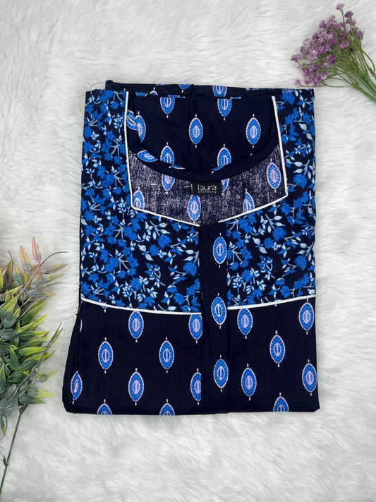 Saint Patrick Blue and Onyx Printed Square Neck Pleated Pure Cotton Feeding Nighty With Two Side Vertical Zip and Single Centre Zip Free Size Short Sleeve (Suits for bra size 34″- 40″ | 54-56 inch length)
