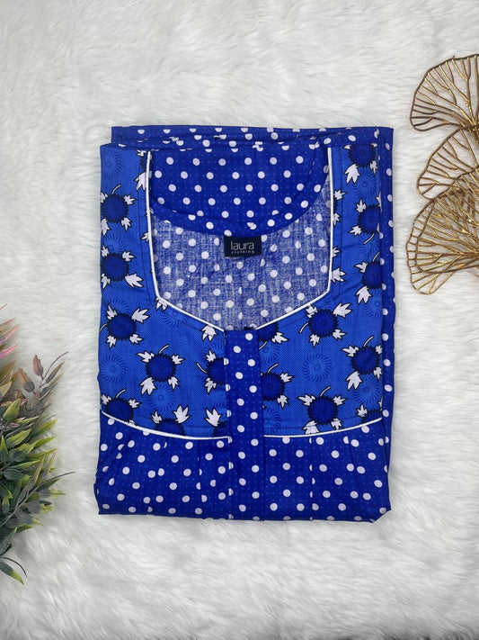 Egyptian Blue and Phthalo Blue Printed Mix N Match Square Neck Pleated Cotton Nighty With Centre -8″ Zip Short Sleeve Free Size (Suits for bra size 34″- 40″ | 54-56 inch length)