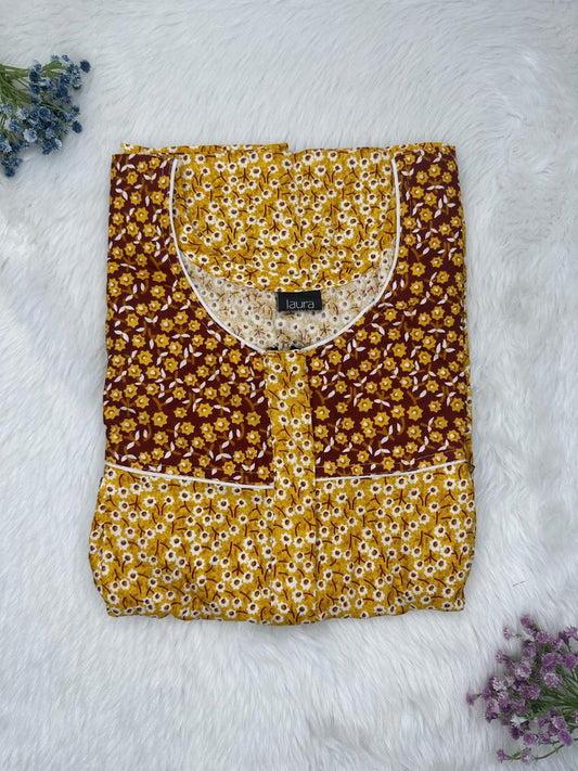 Dark Goldenrod Printed Round Neck Pleated Pure Cotton Feeding Nighty With Two Side Vertical Zip and Single Centre Zip Free Size Short Sleeve (Suits for bra size 34″- 40″ | 54-56 inch length)