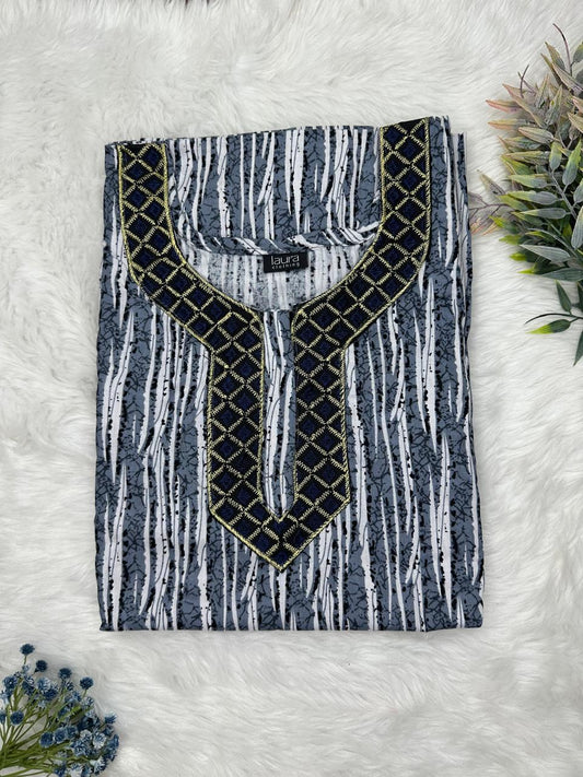Charcoal Printed Normal Zip Pure Cotton Matching Neck Embroidery Nighty Free Size Short Sleeve (Suits for bra size 34″- 40″ | 54-56 inch length)
