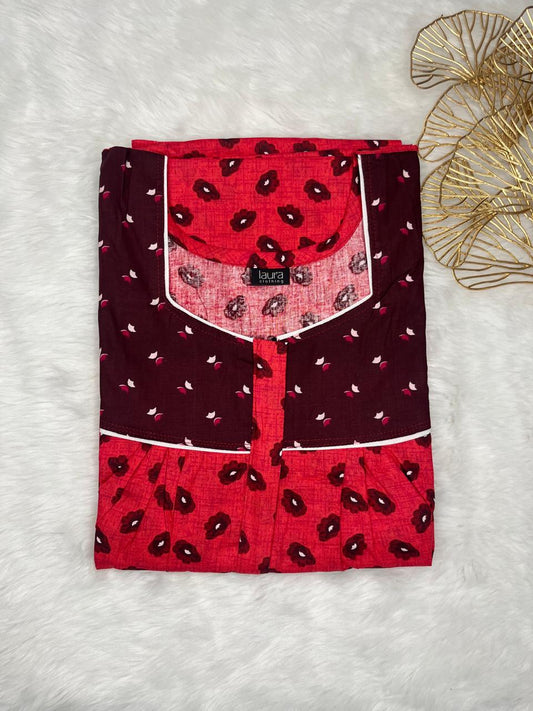 Fire Engine Red Mixed Printed Mix N Match Square Neck Pleat-ed Cotton Nighty With Centre -8″ Zip Short Sleeve Free Size (Suits for bra size 34″- 40″ | 54-56 inch length)