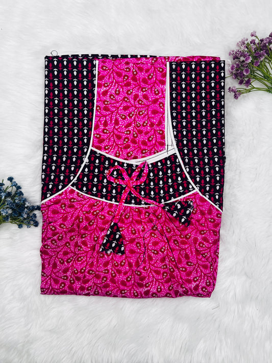 Black and Deep Cerise Mix and Match Pattern Printed Front and Back Pleated Pure Cotton Nighty Free Size Short Sleeve (Suits for bra size 34″- 40″ | 54-56 inch length)