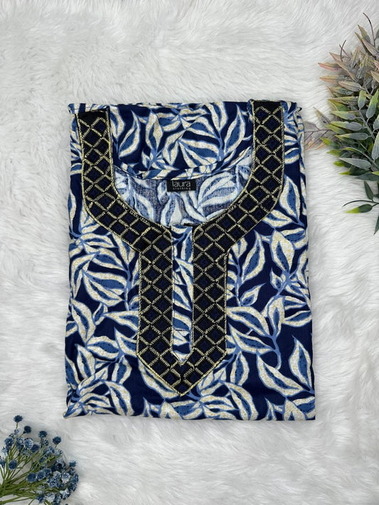 Oxford Blue Printed Normal Zip Pure Cotton Matching Neck Embroidery Nighty Free Size Short Sleeve (Suits for bra size 34″- 40″ | 54-56 inch length)