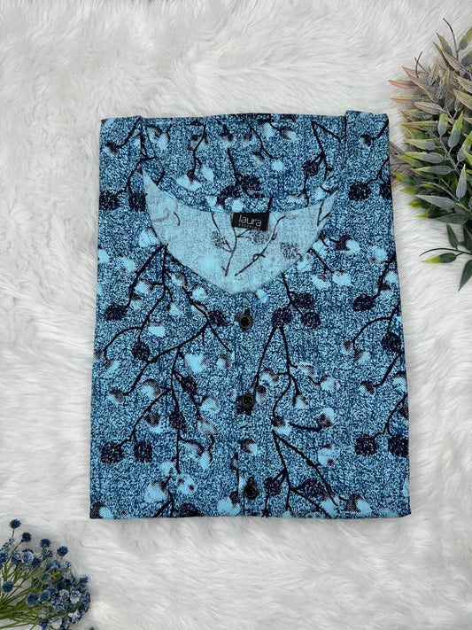 Moonstone Blue Printed Round Neck Pure Cotton Full Open Button Labour Room Nighty Free Size Short Sleeve (Suits for bra size 34″- 40″ | 54-56 inch length)