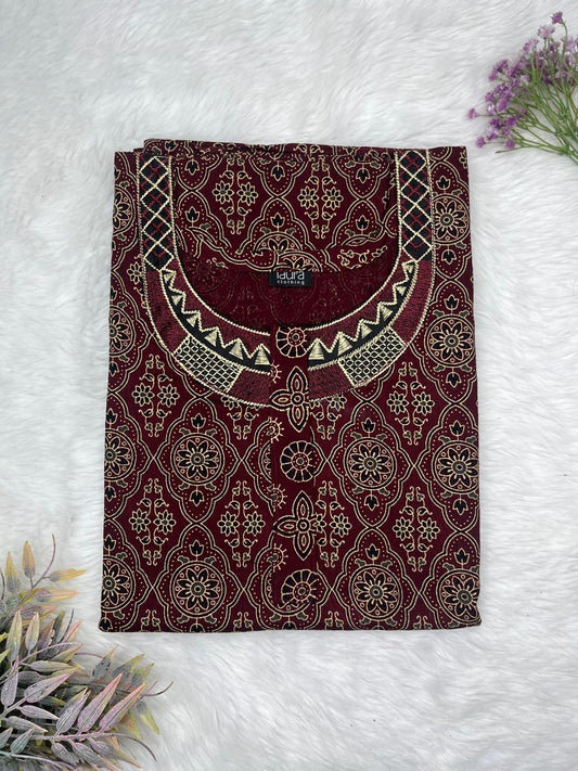 Seal Brown Printed Normal Zip Pure Cotton Matching Neck Embroidery Nighty Free Size Short Sleeve (Suits for bra size 34″- 40″ | 54-56 inch length)