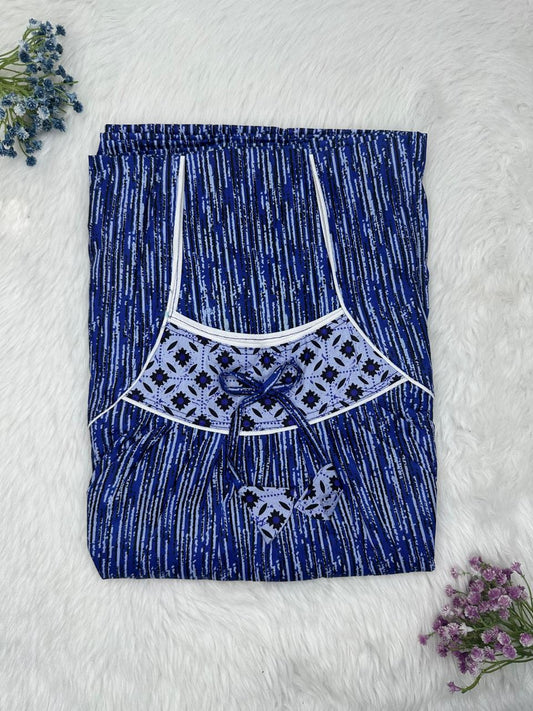 Saint Patrick Blue Printed Front and Back Pleated Pure Cotton Nighty Free Size Short Sleeve (Suits for bra size 34″- 40″ | 54-56 inch length)