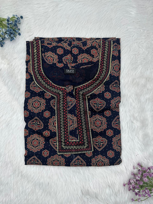 Dark Blue Printed Normal Zip Pure Cotton Matching Neck Embroidery Nighty Free Size Short Sleeve (Suits for bra size 34″- 40″ | 54-56 inch length)