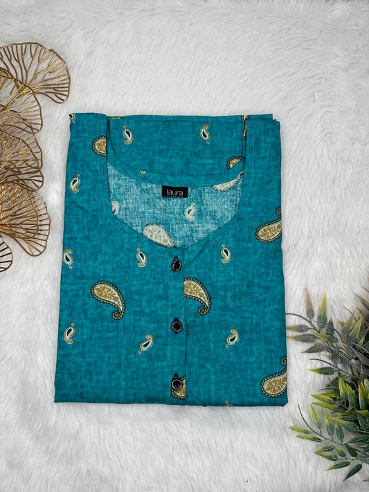 Teal Blue Printed Square Neck Pure Cotton Full Open Button Labour Room Nighty Free Size Short Sleeve (Suits for bra size 34″- 40″ | 54-56 inch length)