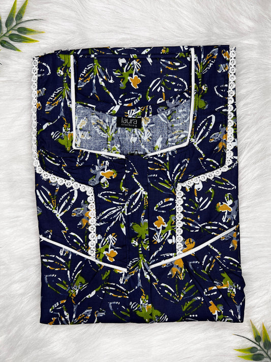 Oxford Blue Floral Printed Mix and Match Square Neck Centre Long 12" Zip Pure Cotton Feeding Nighty Free Size Short Sleeve (Suits for bra size 34″- 40″ | 54-56 inch length)