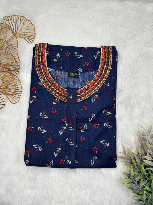 Oxford Blue Printed 12" Long Zip Pure Cotton Matching Neck Embroidery Feeding Nighty Free Size Short Sleeve (Suits for bra size 34″- 40″ | 54-56 inch length)