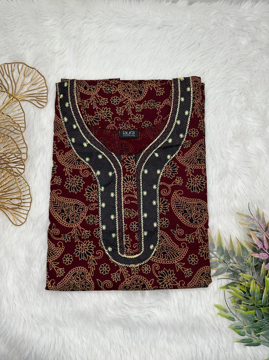 Dark Sienna Printed Normal Zip Pure Cotton Matching Neck Embroidery Feeding Nighty Free Size Short Sleeve (Suits for bra size 34″- 40″ | 54-56 inch length)