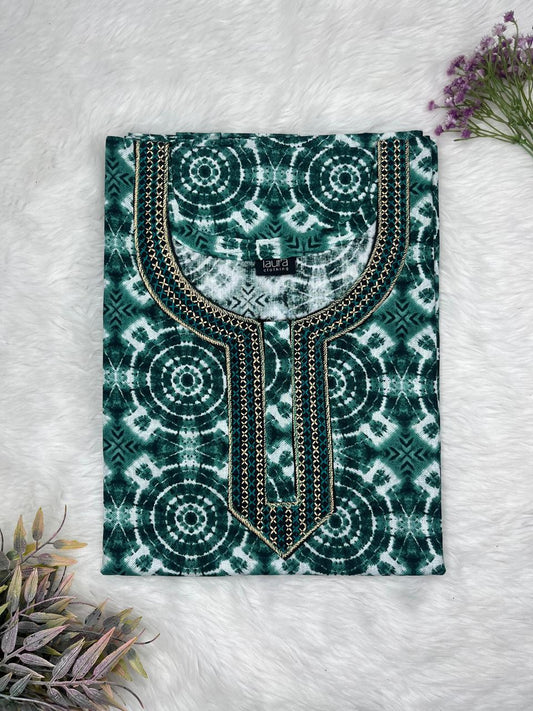 Deep Jungle Green Printed Normal Zip Embroidery Neck Pure Cotton Maternity Nighty Plus Size Short Sleeve (Suits for bra size 40″- 46″ | 54-56 inch length)