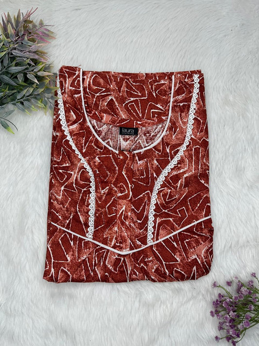 Persian Plum Printed Round Neck Normal Zip Pure Cotton Nighty Free Size Short Sleeve (Suits for bra size 34″- 40″ | 54-56 inch length)